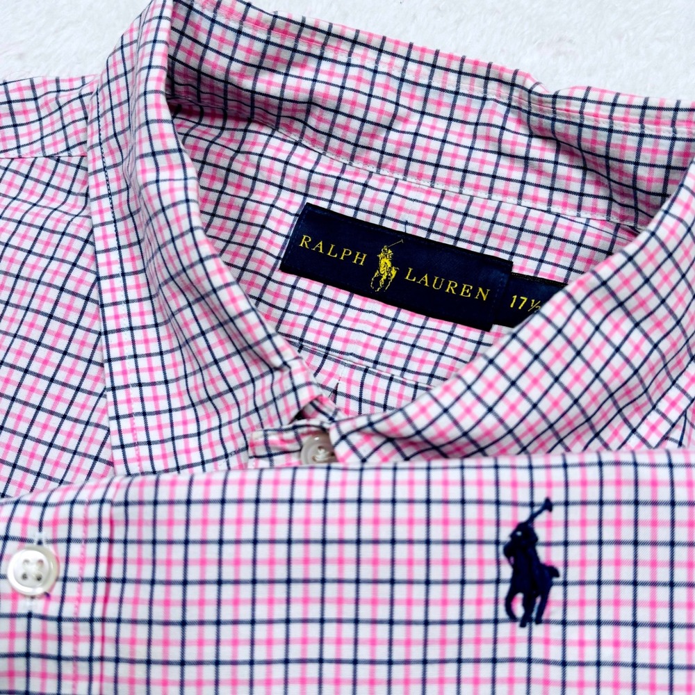 Ralph Lauren Button Shirt Men XL 17.5‎ Pink White Navy Tattersall Check Preppy